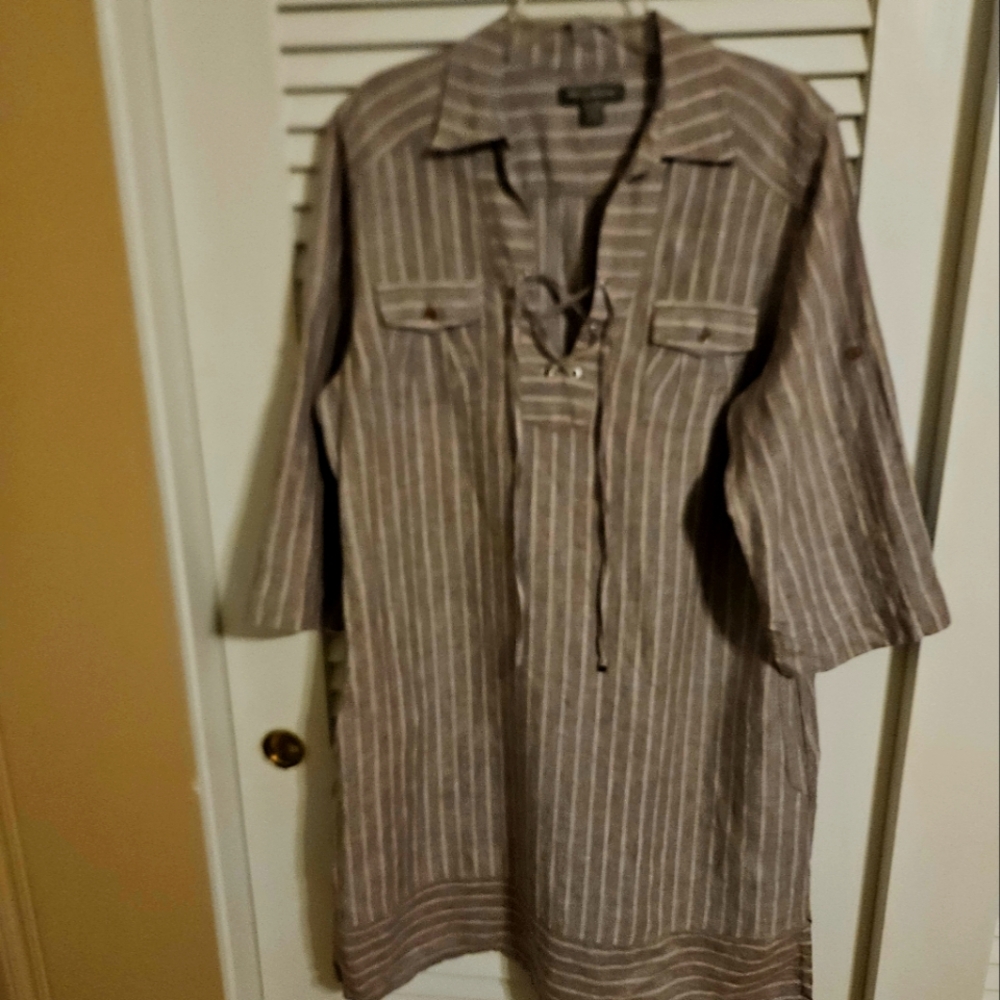 Tommy Bahama Xl Linen Dress Striped Brown Mint Condition